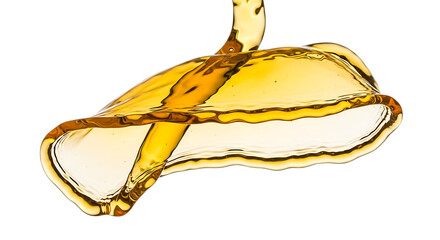Golden liquid, possibly honey or oil, gracefully pouring and forming a mesmerizing splash, isolated on transparent background, showcasing the viscosity and smooth texture of the fluid