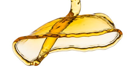 Golden liquid, possibly honey or oil, gracefully pouring and forming a mesmerizing splash, isolated on transparent background, showcasing the viscosity and smooth texture of the fluid