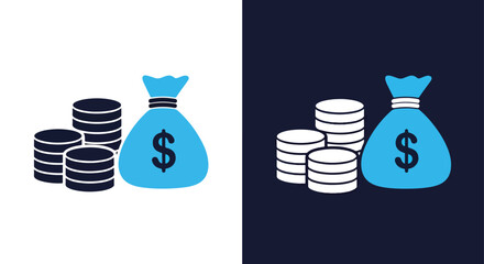 Money bags and coins financial concept illustration - Vector icon symbol for website - Icon vector - Blue icon vector - Line and glyph solid icon and logo template