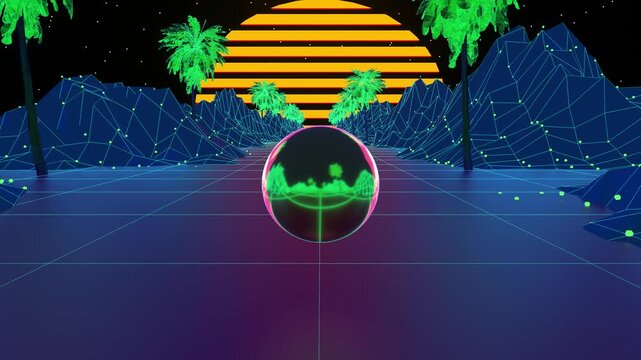 Looping Motion Video SynthWave Background of Landscape Palm Trees sphere Loop. Hipster game 80's cyber futuristic motion graphics. Oldschool landscape animation with sun n mountains. Laser cyber world