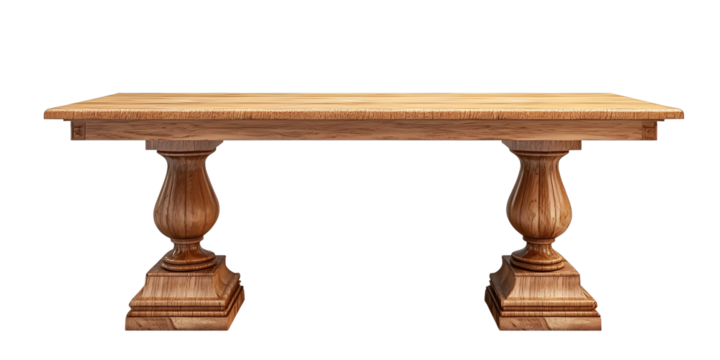 Elegant wooden dining table with intricate base and smooth surface design