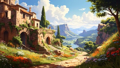 Sunny landscape with a Tuscan building, a winding path, vibrant flowers, and distant mountains under a cloudy blue sky