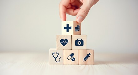 Hand stacking wooden blocks with medical icons building healthcare concept