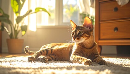 Striped cat basking in sunny room on white carpet, near window and plant, with dresser in the background