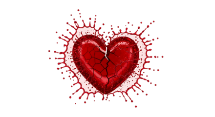 Captivating 3d rendering of a shattered red heart with blood splash, isolated on transparent background, symbolizing heartbreak and emotional pain, creating a visually striking and emotionally charged