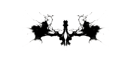 Abstract ink blot with symmetrical pattern, isolated on transparent background, reminiscent of a rorschach test, inviting introspection and interpretation, creating a visually intriguing and thoughtpr