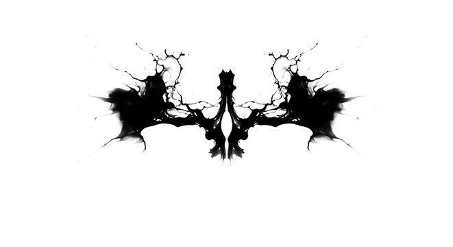 Abstract ink blot with symmetrical pattern, isolated on transparent background, reminiscent of a rorschach test, inviting introspection and interpretation, creating a visually intriguing and thoughtpr