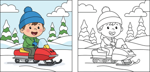 Coloring book page for kids of cartoon boy riding red snowmobile in snowy winter forest, with colored example and black and white outline vector illustration