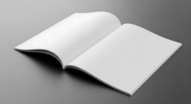 Open blank white book or magazine with two empty pages on a dark grey background, ideal for custom content