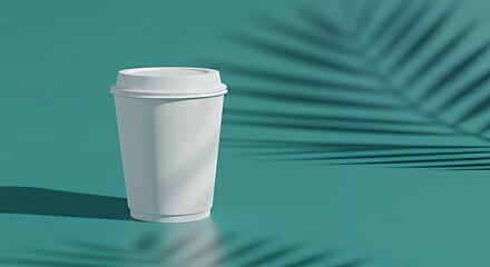 White Takeaway Coffee Cup with Lid on Bright Green Background and Shadow of Leaf