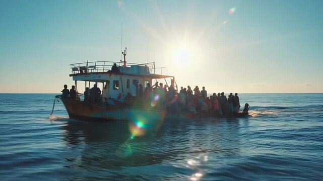 Overcrowded Boat Carrying Migrants and Refugees at Sea, Dangerous Crossing, Hope and Desperation, Mediterranean Sea, Human Trafficking, Smuggling, Crisis