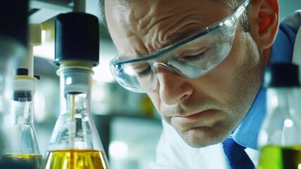 A scientist in a lab coat and goggles examines a flask, possibly conducting an experiment or analyzing a sample - Powered by Adobe