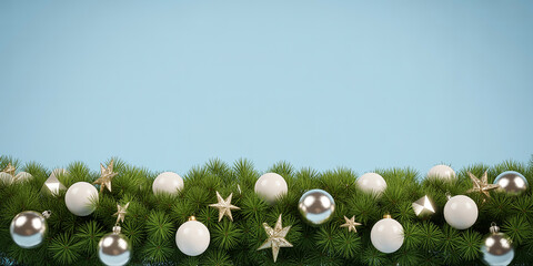 Elegant Christmas garland with white and silver baubles, golden stars, and green pine branches on a light blue background. Ideal for holiday greetings, banners, or festive designs. Copy space.