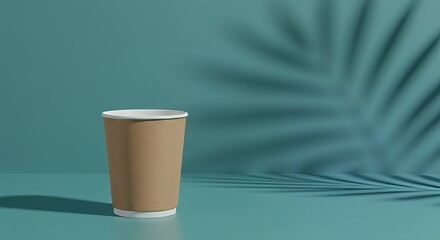 Brown Paper Coffee Cup on Blue Surface with Shadow and Palm Leaf Shadow in Background