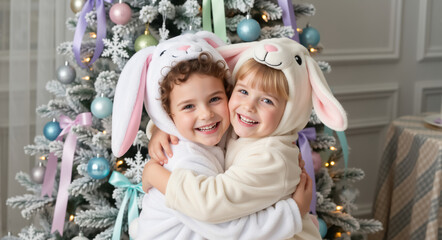 Two cute kids in bunny costumes share a happy hug. Siblings celebrating Christmas and New Year in front of a decorated tree