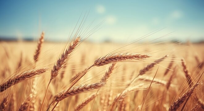 Golden wheat field under a clear blue sky