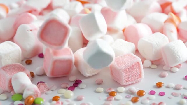 A colorful display of marshmallows and sprinkles on a white background