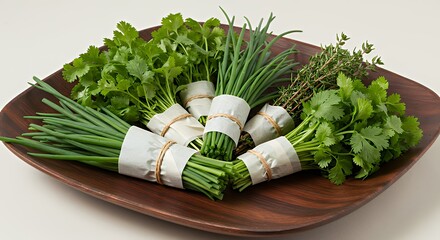 Fresh Green Herbs Assorted Cilantro Green Onion Thyme on Wooden Plate