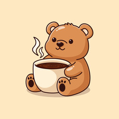 Cute Relaxing Cartoon Teddy Bear Vector Illustration Character Sitting and Holding a Mug of Hot Chocolate or Coffee. Winter, Cozy Drink, Comfort, and Relaxation Break Concept.