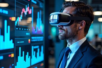 Title: Businessman in Virtual Reality Glasses Engrossed in Colorful Holographic KPI Dashboard with Real-Time Analytics