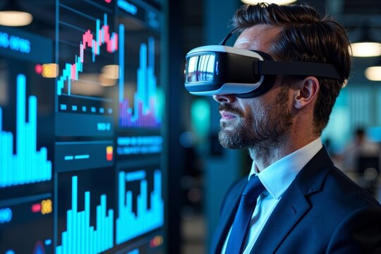 Title: Businessman in Virtual Reality Glasses Engrossed in Colorful Holographic KPI Dashboard with Real-Time Analytics - Powered by Adobe