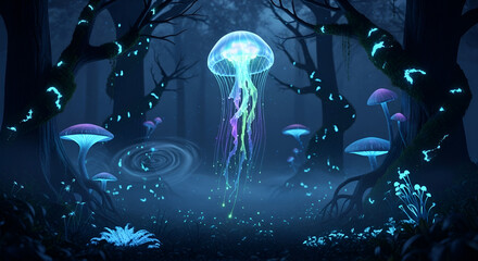 Enchanted forest with bioluminescent jellyfish floating amidst glowing mushrooms and mystical plants, creating a magical and serene atmosphere for fantasy visuals