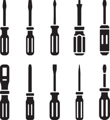 Black and White Silhouette Illustration of Screwdrivers Flathead Phillips Torx Hex Electric Precision Ratcheting Stubby Insulated Handle