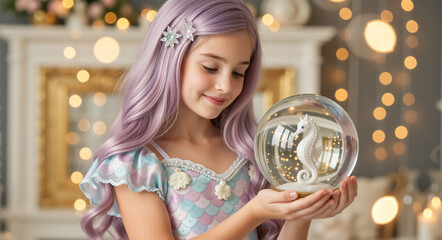 Fototapeta premium A girl with purple hair in a mermaid costume holding a magical seahorse snow globe. Festive christmas holiday and fantasy concept
