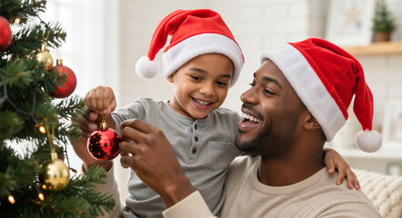 Happy african american father and son decorating a christmas tree together. Joyful family in santa hats hanging ornaments at home during the holiday season