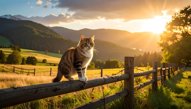 Striped cat sits on a wooden fence amidst rolling green hills, bathed in the warm glow of the setting sun