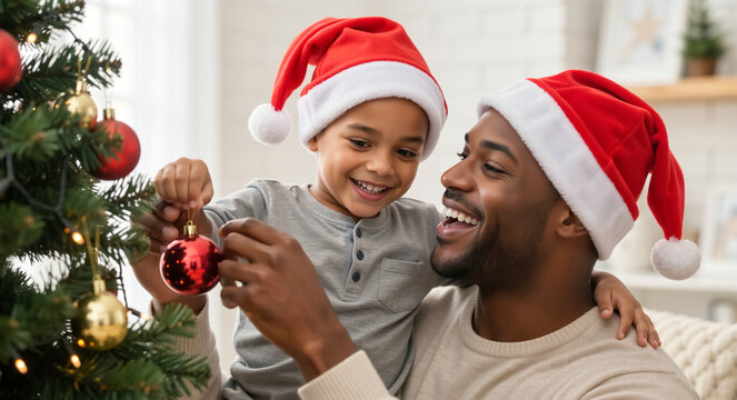 Happy african american father and son decorating a christmas tree together. Joyful family in santa hats hanging ornaments at home during the holiday season - Powered by Adobe