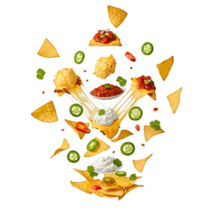 Delicious nachos with melted cheese, salsa, and jalapenos flying in the air isolated on transparent background
