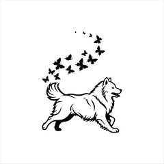 Obraz premium Whimsical Samoyed Dog Running with Butterfly Trail