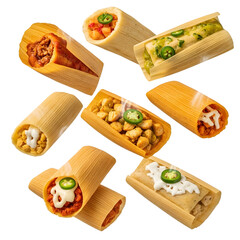 Assortment of authentic tamales in corn husk wrappers with various fillings isolated on transparent background