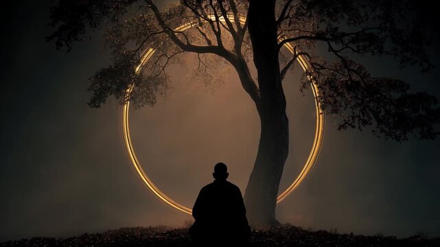 monk meditating under tree at night. surrounded by golden mystic shining ring