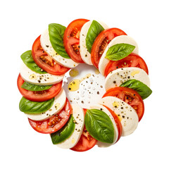 Fresh caprese salad with tomato, mozzarella, and basil, isolated on transparent background