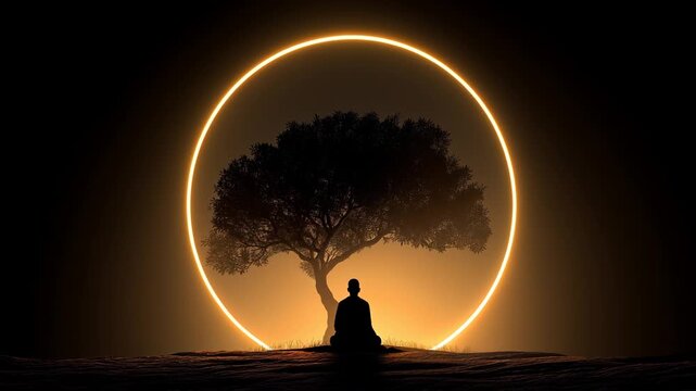 monk meditating under tree at night. surrounded by golden mystic shining ring