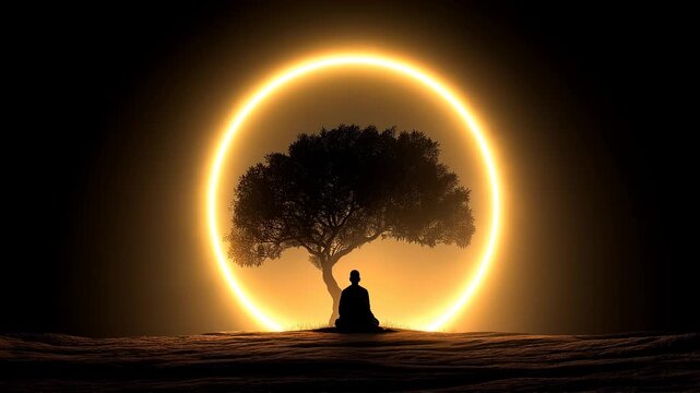 monk meditating under tree at night. surrounded by golden mystic shining ring