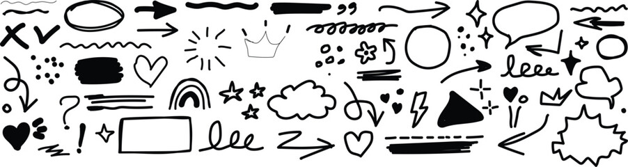 Collection of hand drawn doodle elements arrows shapes and symbols