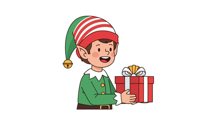 An elf in a striped hat holds a wrapped present with a ribbon