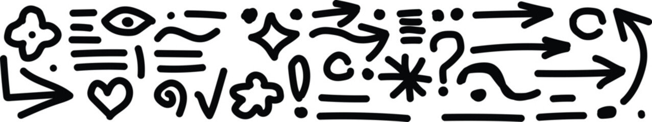 Hand drawn black and white doodle symbols and arrows on white background