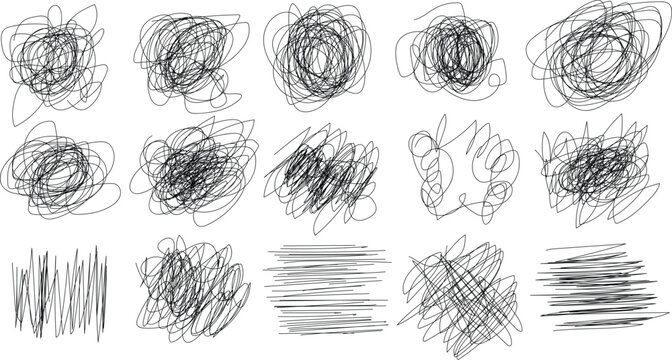 Collection of hand drawn scribble textures and grunge elements on white background