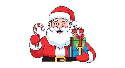 Cartoon Santa Claus holding gifts and a candy cane smiling happily