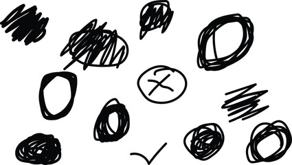 Hand drawn scribbles and marks in black ink on white background
