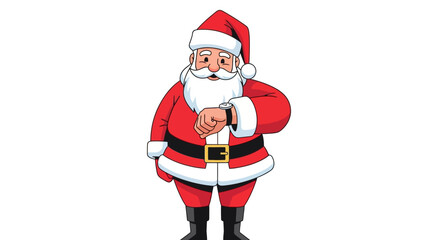 Cartoon Santa Claus in a red suit checking his wristwatch