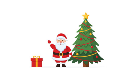 Cartoon Santa stands next to a Christmas tree and gift waving
