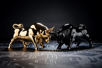 Golden and Black Bull Figurines Representing Stock Market Dynamics and Financial Investment Strategies