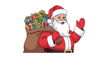 Cartoon Santa waves carrying a sack full of gifts