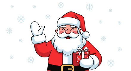 Cartoon Santa waving holding a present amid falling snowflakes