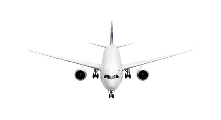Front view of a modern white commercial passenger airplane with landing gear extended, isolated on a clean white background.